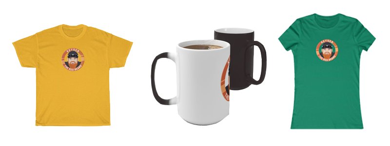 Keyser The Red Beard merch: gold and green logo t-shirts either side of a logo coffee mug