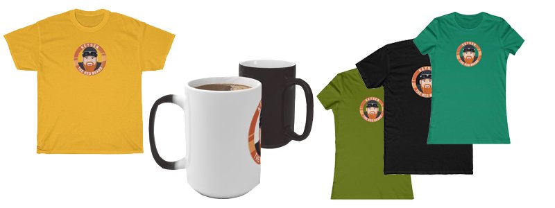 Keyser The Red Beard merch: logo t-shirts in gold, green and black with a matching logo mug